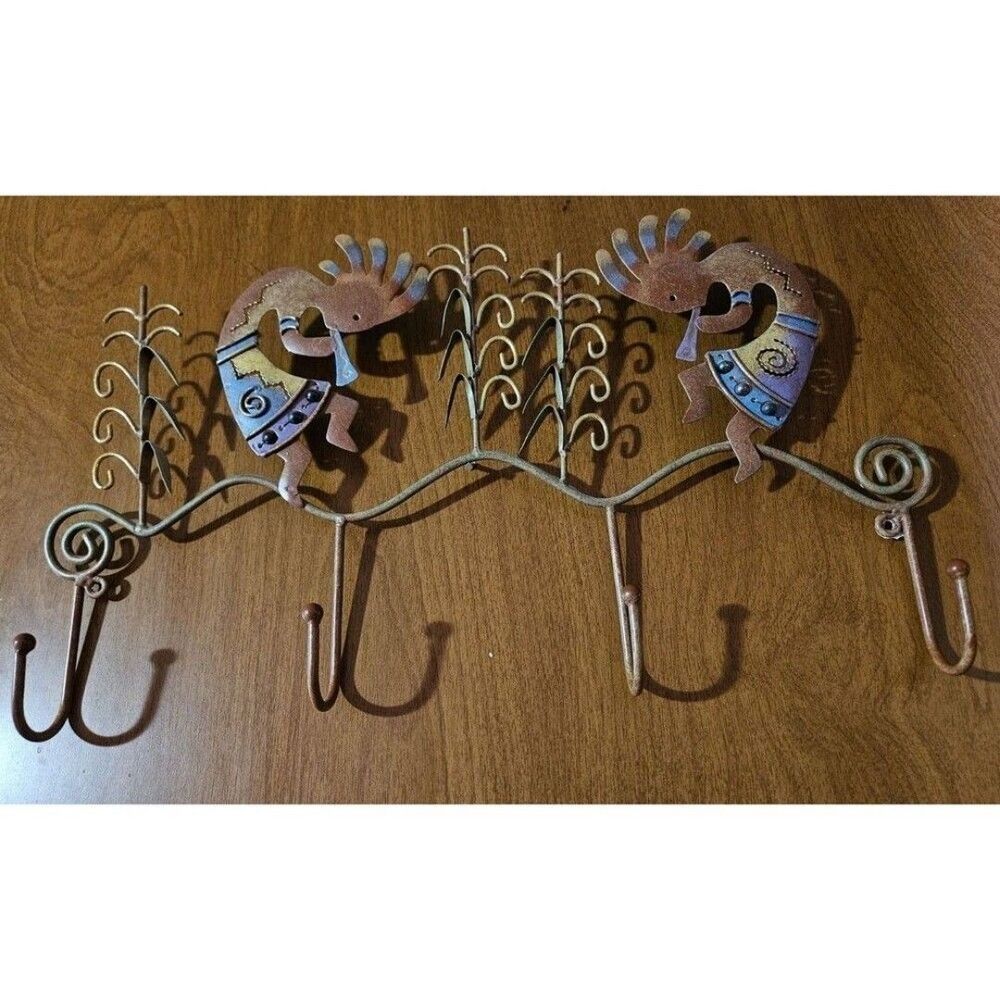 Metalwork Kokopelli Key Holder Beaded metal wall art folk primitive 15.5 X 9